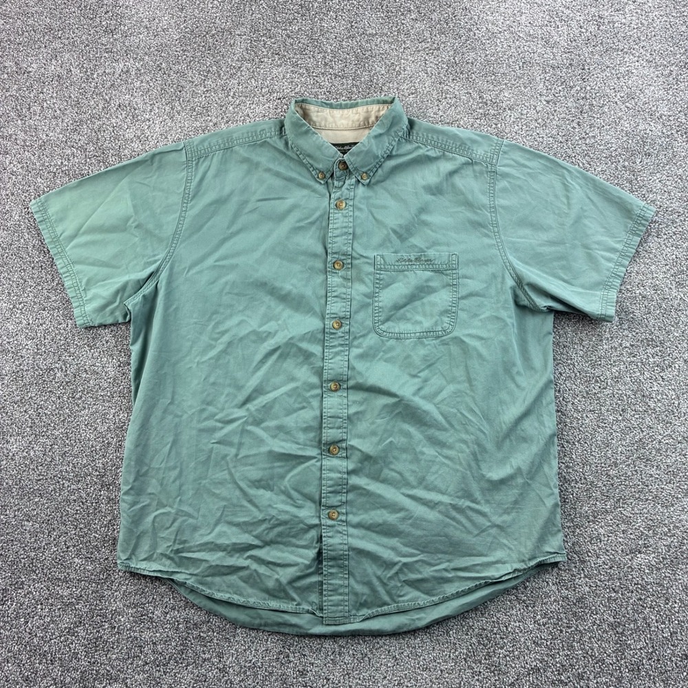 Eddie Bauer Shirt Mens XL Green Cotton Short Sleeve Button Down Casual Hiking